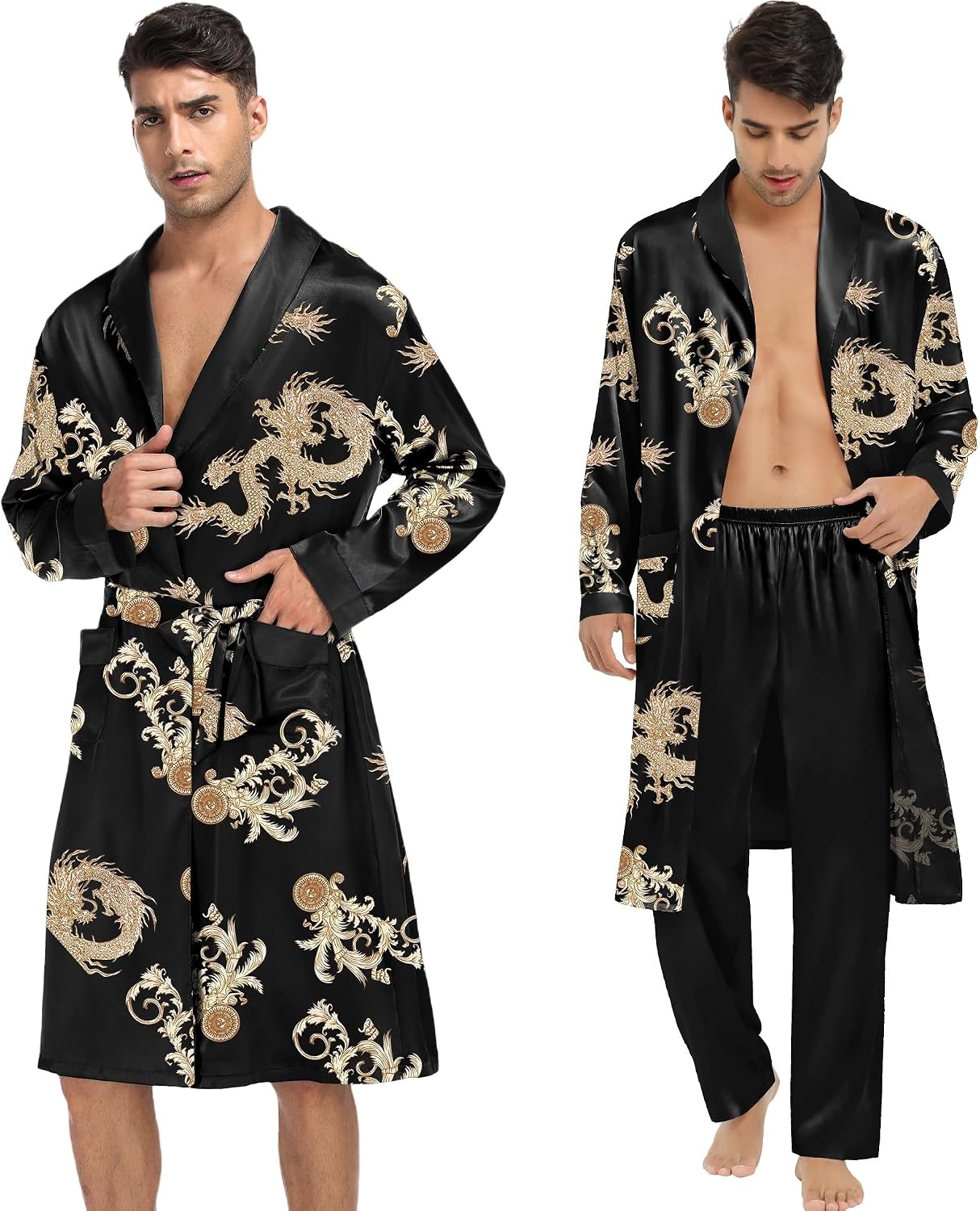 image:imageSWOMOG Mens 3 Pcs Robe Silk Satin Kimono Bathrobe with ShortsampPants Set Lightweight Soft SleepwearBlack Dragon
