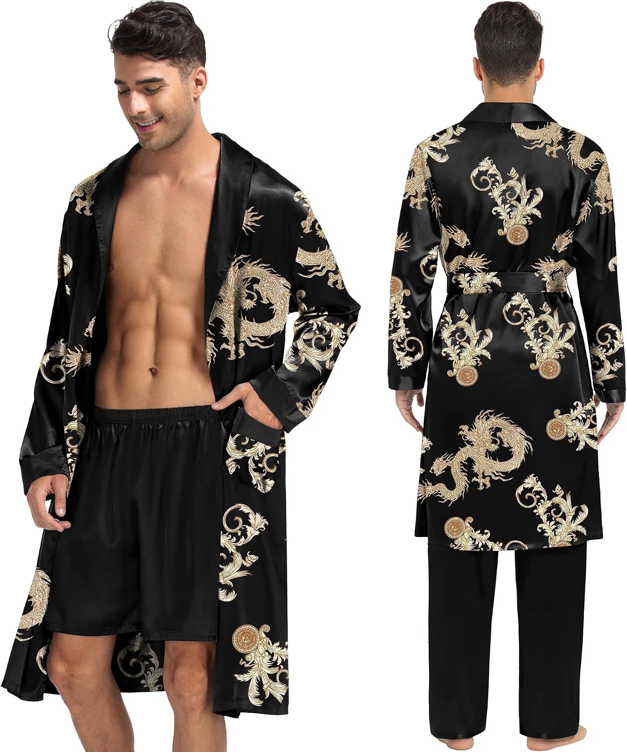 image:imageSWOMOG Mens 3 Pcs Robe Silk Satin Kimono Bathrobe with ShortsampPants Set Lightweight Soft SleepwearBlack Dragon