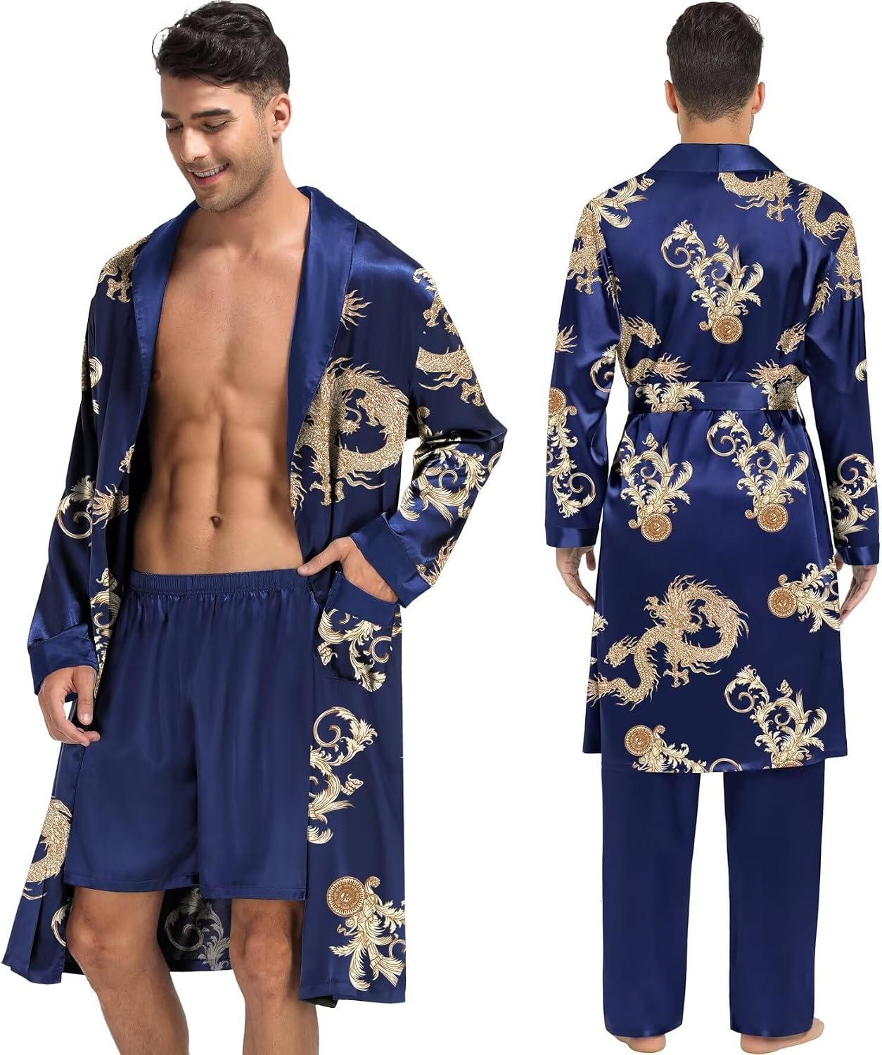 image:imageSWOMOG Mens 3 Pcs Robe Silk Satin Kimono Bathrobe with ShortsampPants Set Lightweight Soft SleepwearBlue Dragon