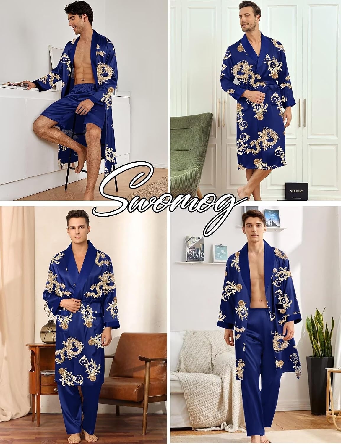 image:imageSWOMOG Mens 3 Pcs Robe Silk Satin Kimono Bathrobe with ShortsampPants Set Lightweight Soft SleepwearBlue Dragon