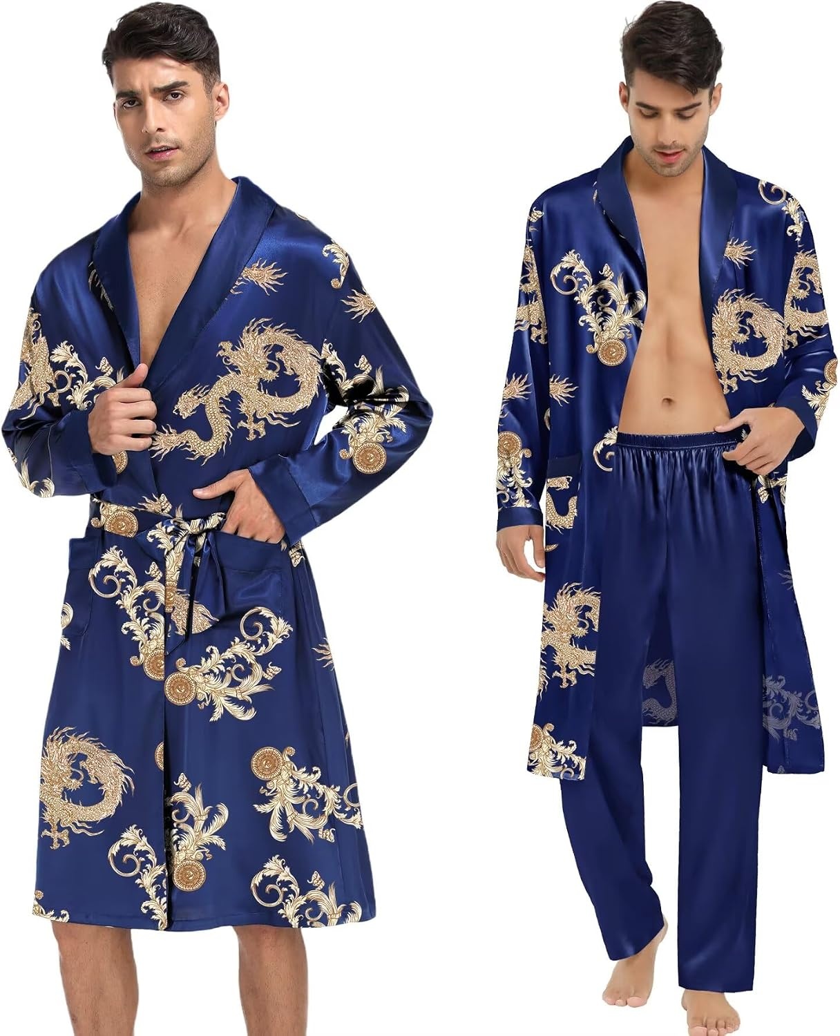 image:imageSWOMOG Mens 3 Pcs Robe Silk Satin Kimono Bathrobe with ShortsampPants Set Lightweight Soft SleepwearBlue Dragon