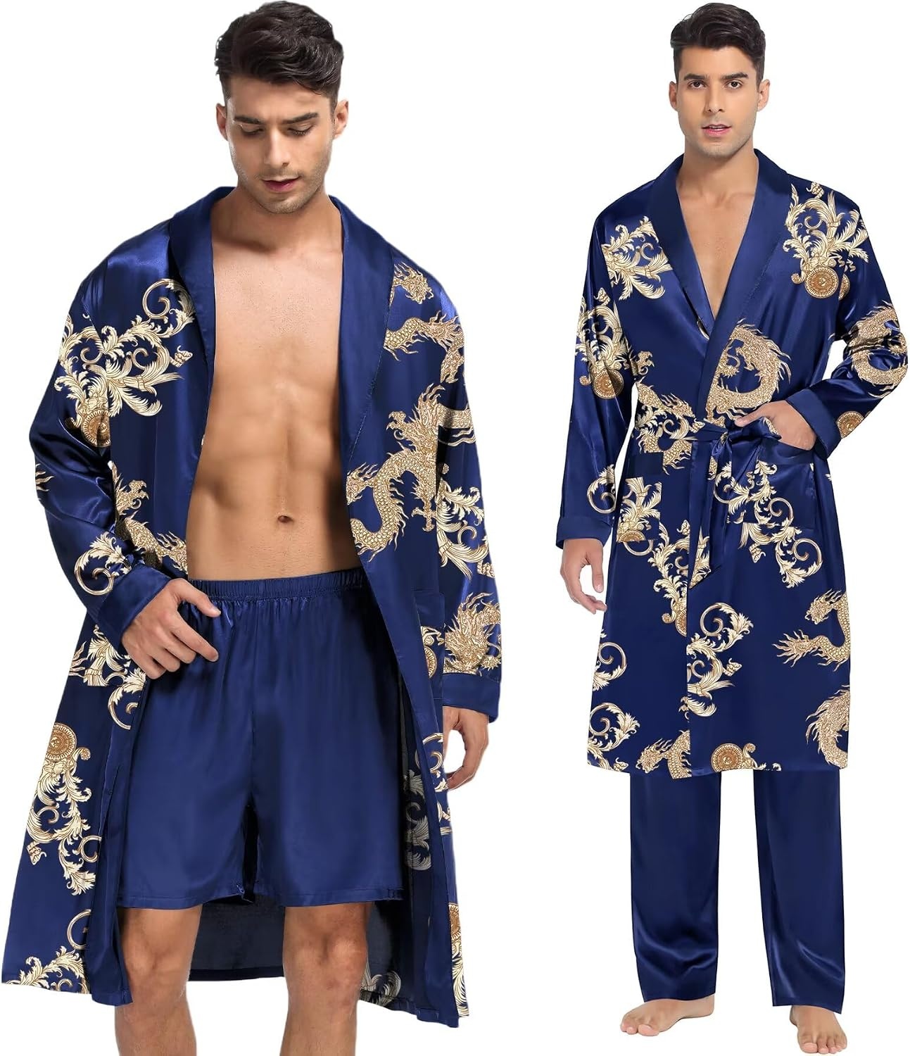 image:imageSWOMOG Mens 3 Pcs Robe Silk Satin Kimono Bathrobe with ShortsampPants Set Lightweight Soft SleepwearBlue Dragon
