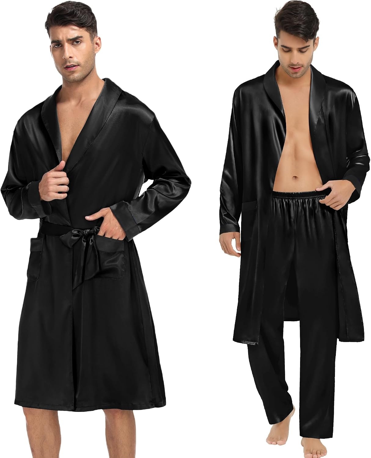 image:imageSWOMOG Mens 3 Pcs Robe Silk Satin Kimono Bathrobe with ShortsampPants Set Lightweight Soft SleepwearCarbon
