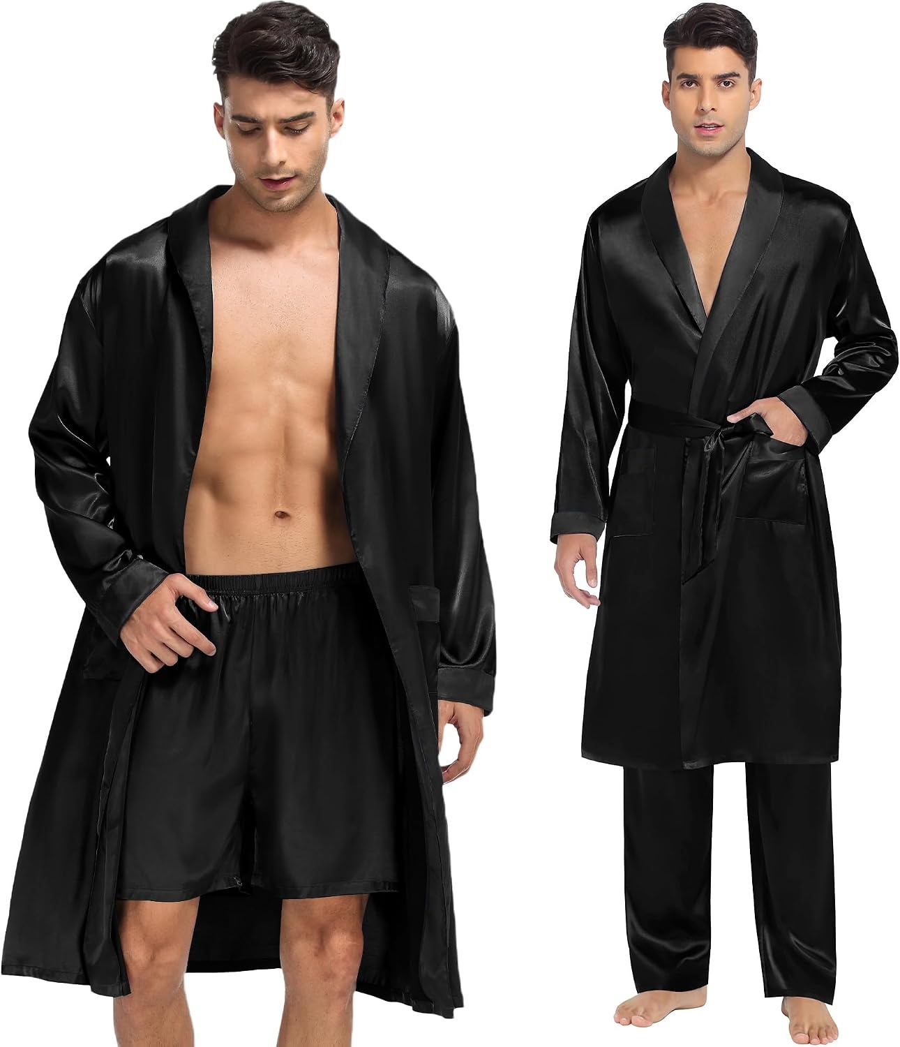 image:imageSWOMOG Mens 3 Pcs Robe Silk Satin Kimono Bathrobe with ShortsampPants Set Lightweight Soft SleepwearCarbon