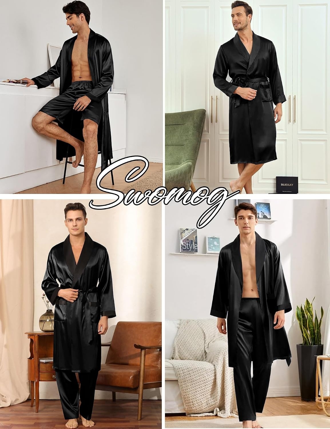 image:imageSWOMOG Mens 3 Pcs Robe Silk Satin Kimono Bathrobe with ShortsampPants Set Lightweight Soft SleepwearCarbon