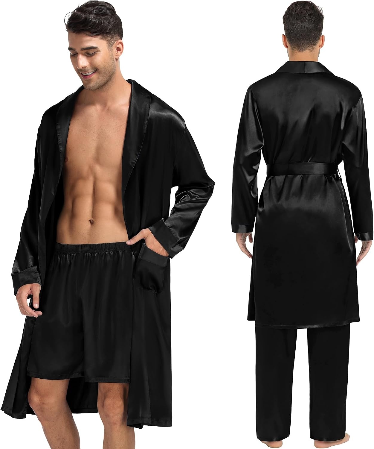image:imageSWOMOG Mens 3 Pcs Robe Silk Satin Kimono Bathrobe with ShortsampPants Set Lightweight Soft SleepwearCarbon