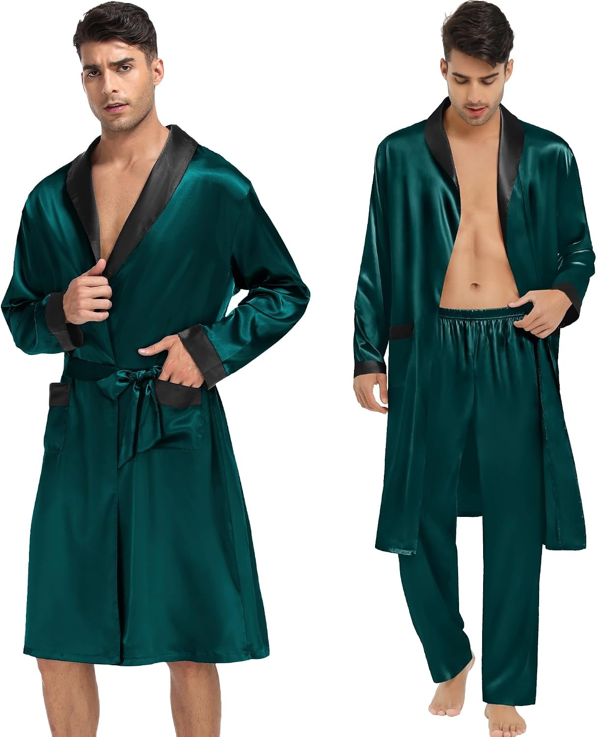 image:imageSWOMOG Mens 3 Pcs Robe Silk Satin Kimono Bathrobe with ShortsampPants Set Lightweight Soft SleepwearDark Green