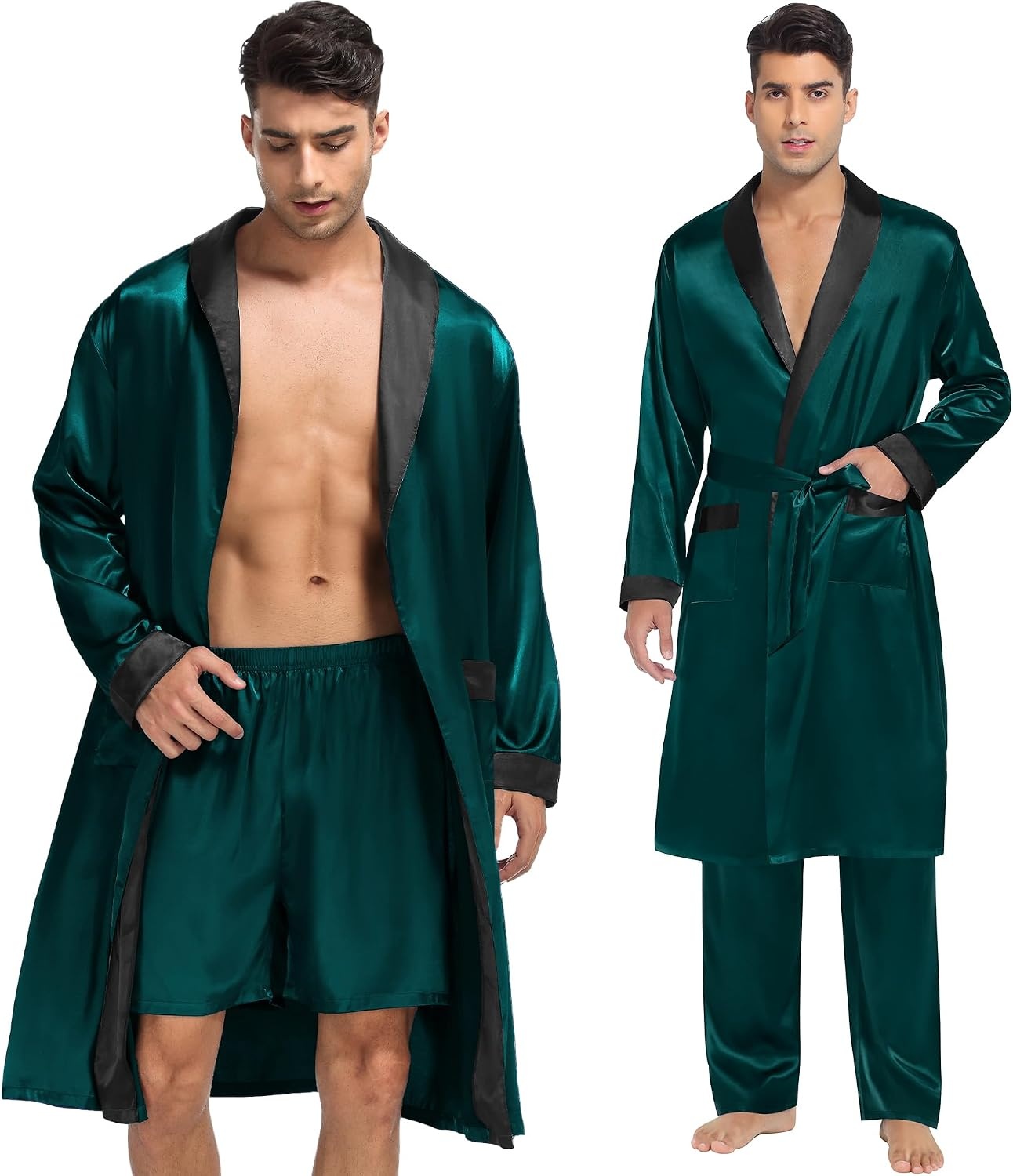 image:imageSWOMOG Mens 3 Pcs Robe Silk Satin Kimono Bathrobe with ShortsampPants Set Lightweight Soft SleepwearDark Green