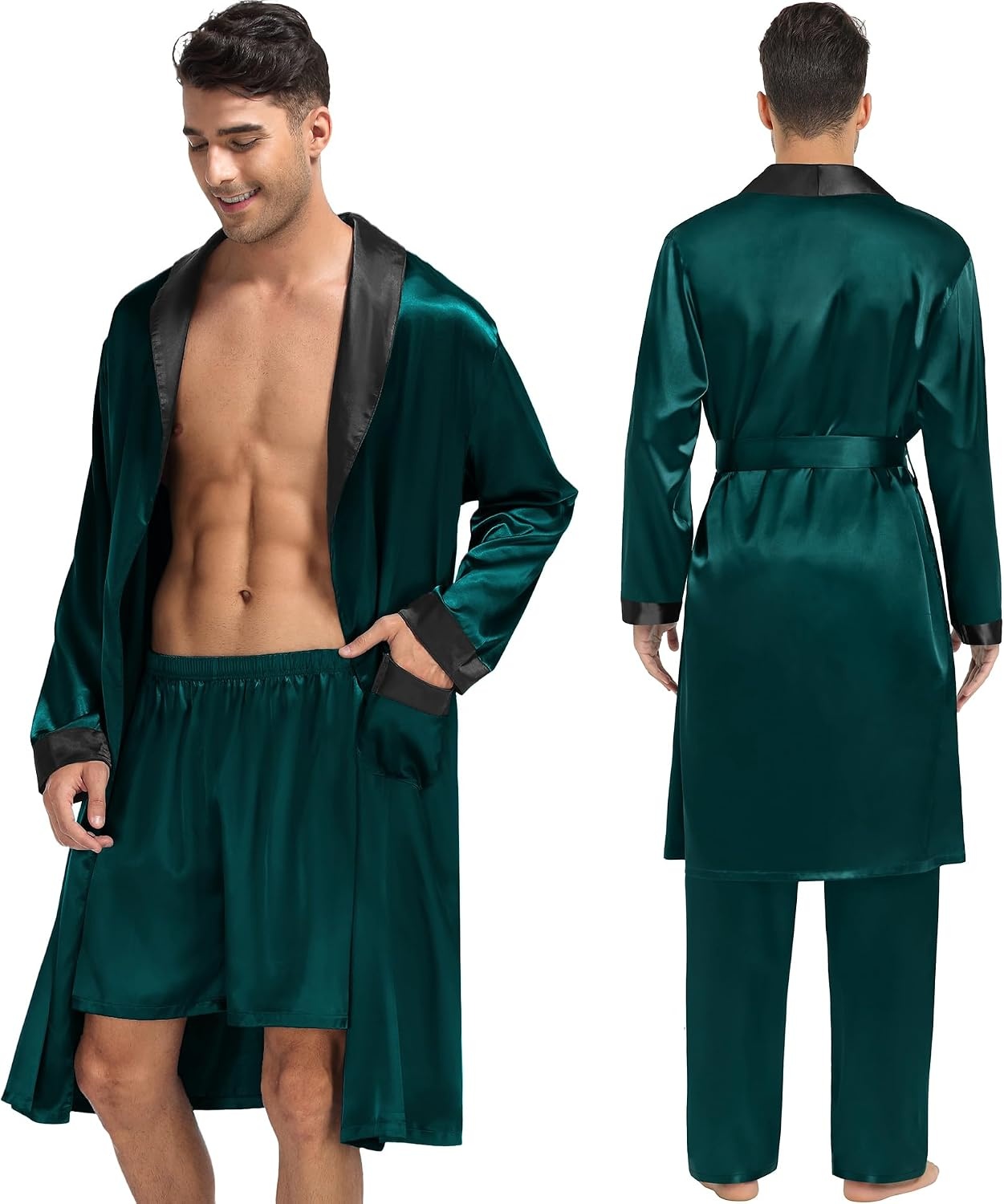 image:imageSWOMOG Mens 3 Pcs Robe Silk Satin Kimono Bathrobe with ShortsampPants Set Lightweight Soft SleepwearDark Green