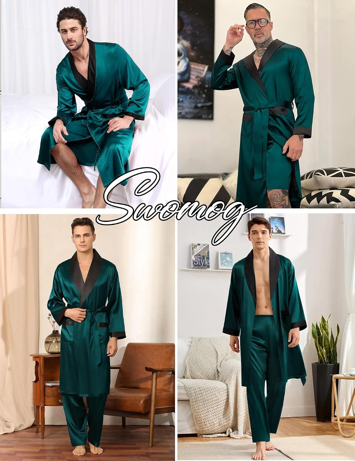 image:imageSWOMOG Mens 3 Pcs Robe Silk Satin Kimono Bathrobe with ShortsampPants Set Lightweight Soft SleepwearDark Green