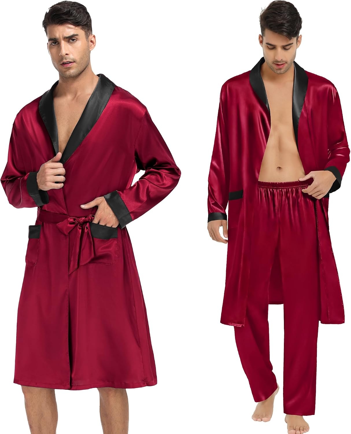 image:imageSWOMOG Mens 3 Pcs Robe Silk Satin Kimono Bathrobe with ShortsampPants Set Lightweight Soft SleepwearDark Wine Red