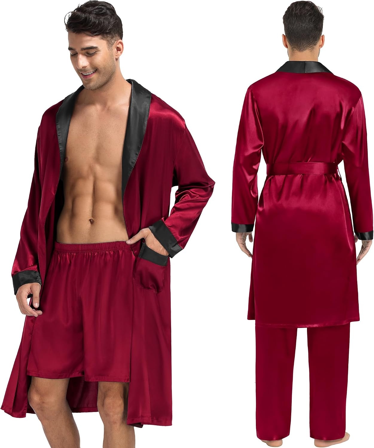 image:imageSWOMOG Mens 3 Pcs Robe Silk Satin Kimono Bathrobe with ShortsampPants Set Lightweight Soft SleepwearDark Wine Red