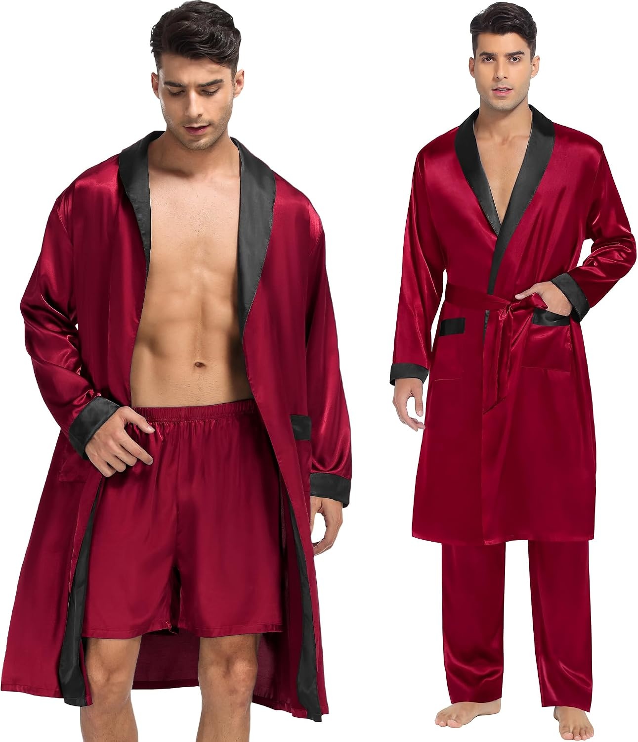 image:imageSWOMOG Mens 3 Pcs Robe Silk Satin Kimono Bathrobe with ShortsampPants Set Lightweight Soft SleepwearDark Wine Red