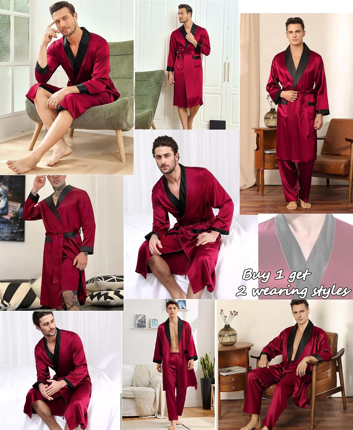 image:imageSWOMOG Mens 3 Pcs Robe Silk Satin Kimono Bathrobe with ShortsampPants Set Lightweight Soft SleepwearDark Wine Red