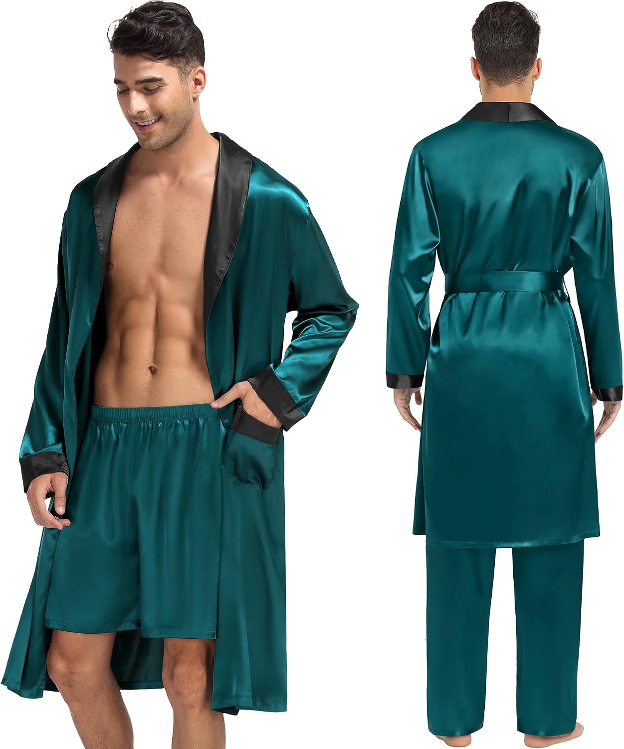 image:imageSWOMOG Mens 3 Pcs Robe Silk Satin Kimono Bathrobe with ShortsampPants Set Lightweight Soft SleepwearGreen