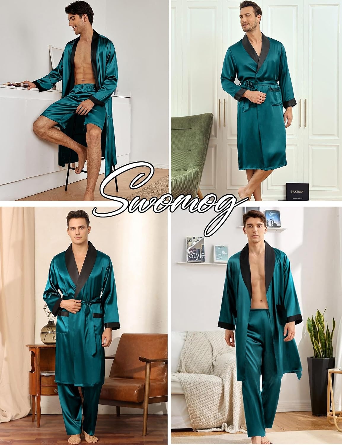 image:imageSWOMOG Mens 3 Pcs Robe Silk Satin Kimono Bathrobe with ShortsampPants Set Lightweight Soft SleepwearGreen