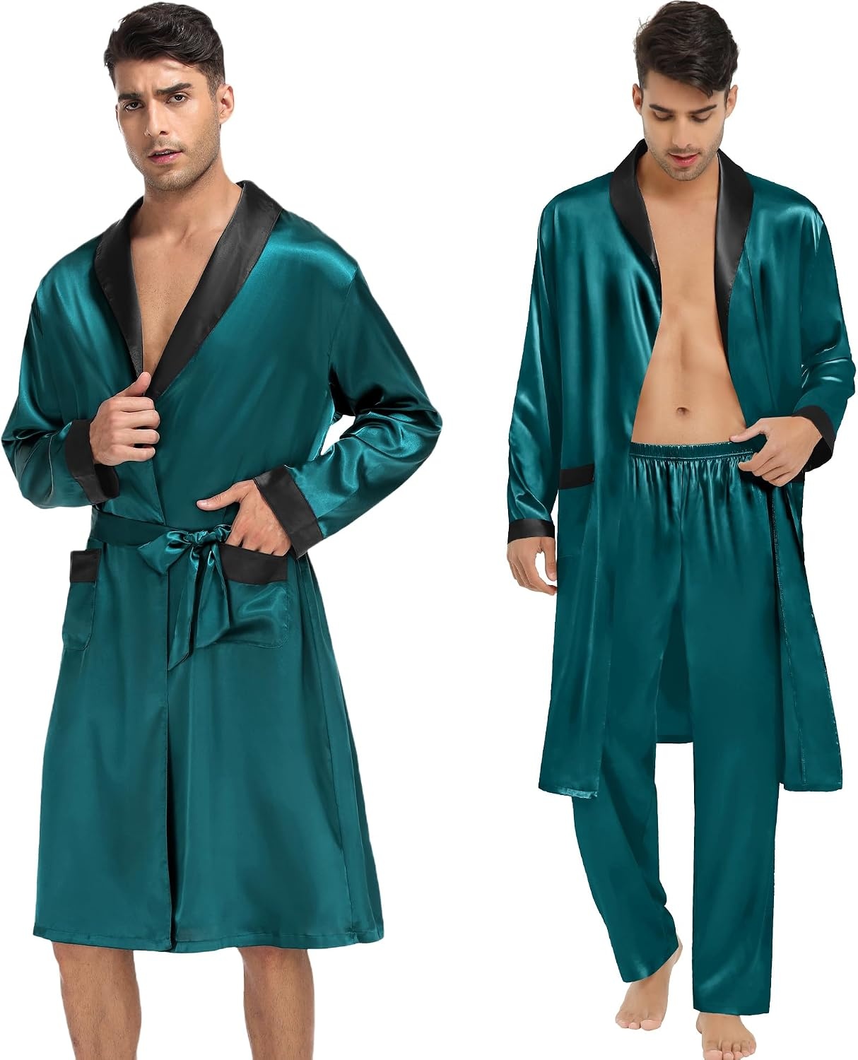 image:imageSWOMOG Mens 3 Pcs Robe Silk Satin Kimono Bathrobe with ShortsampPants Set Lightweight Soft SleepwearGreen