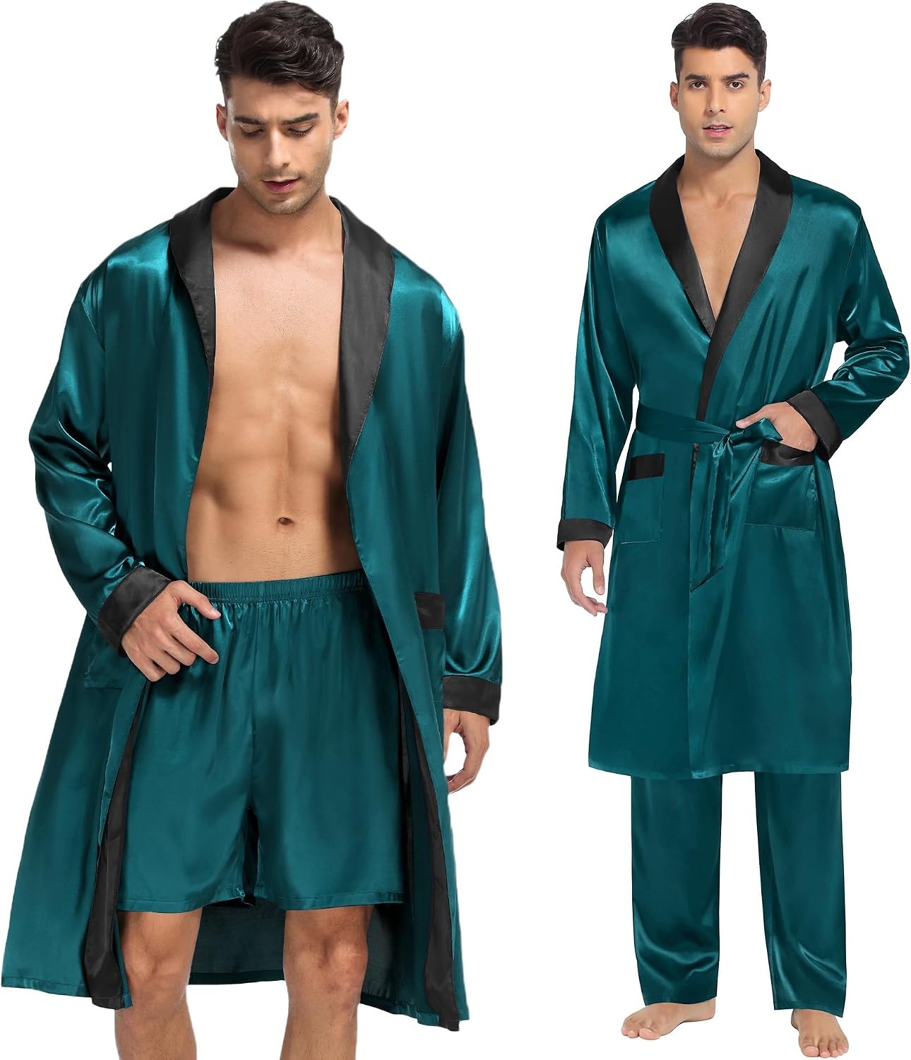 image:imageSWOMOG Mens 3 Pcs Robe Silk Satin Kimono Bathrobe with ShortsampPants Set Lightweight Soft SleepwearGreen
