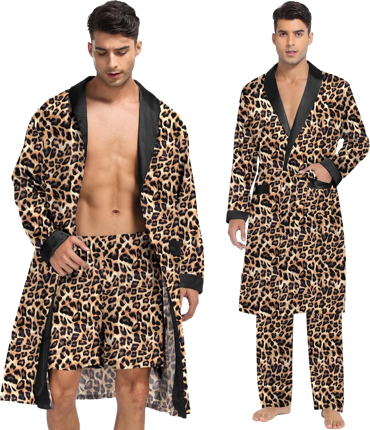 image:imageSWOMOG Mens 3 Pcs Robe Silk Satin Kimono Bathrobe with ShortsampPants Set Lightweight Soft SleepwearLeopard
