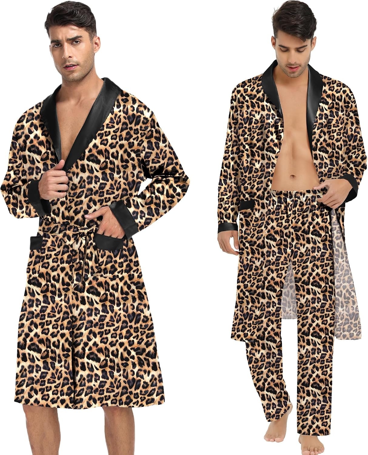 image:imageSWOMOG Mens 3 Pcs Robe Silk Satin Kimono Bathrobe with ShortsampPants Set Lightweight Soft SleepwearLeopard