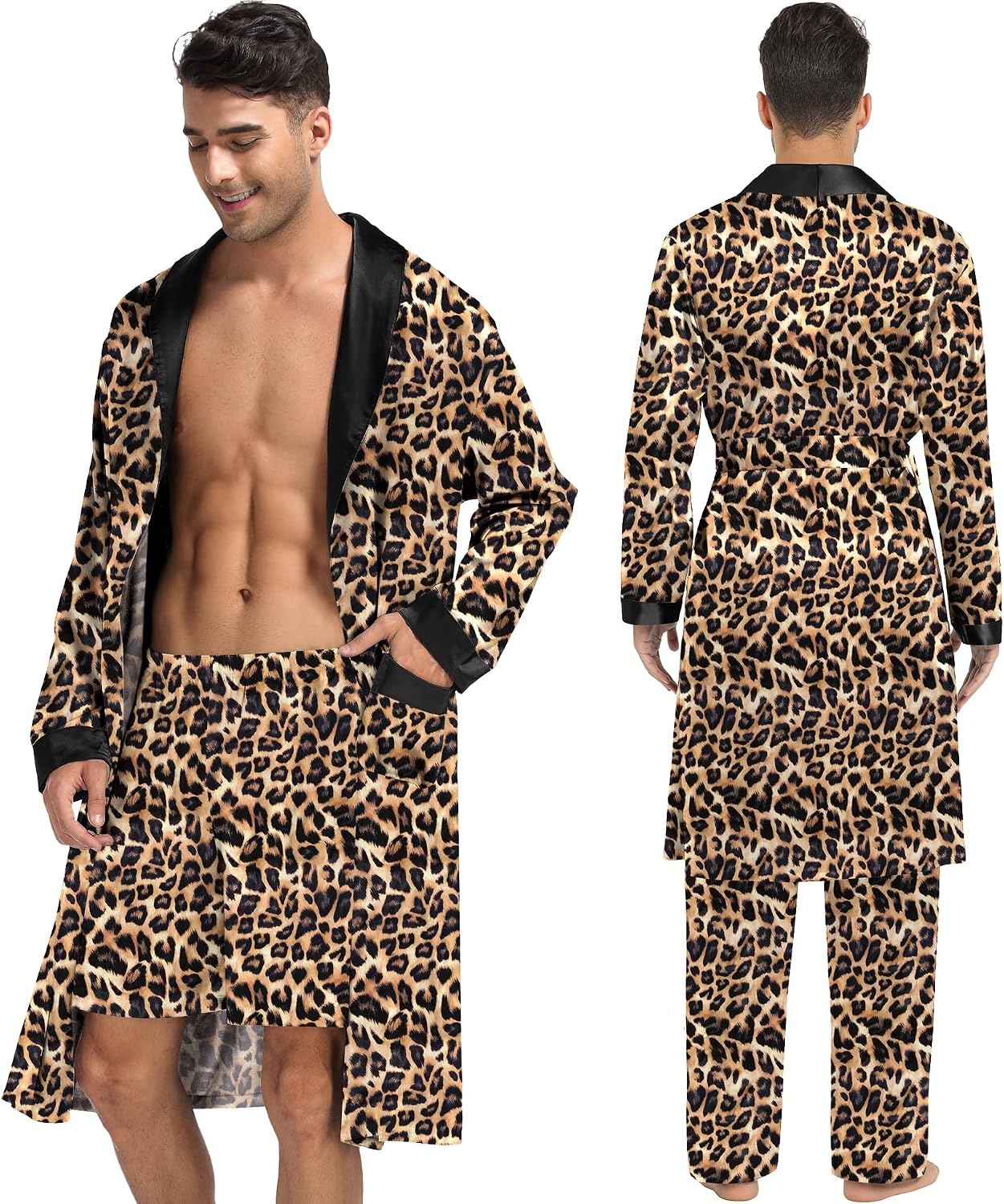 image:imageSWOMOG Mens 3 Pcs Robe Silk Satin Kimono Bathrobe with ShortsampPants Set Lightweight Soft SleepwearLeopard