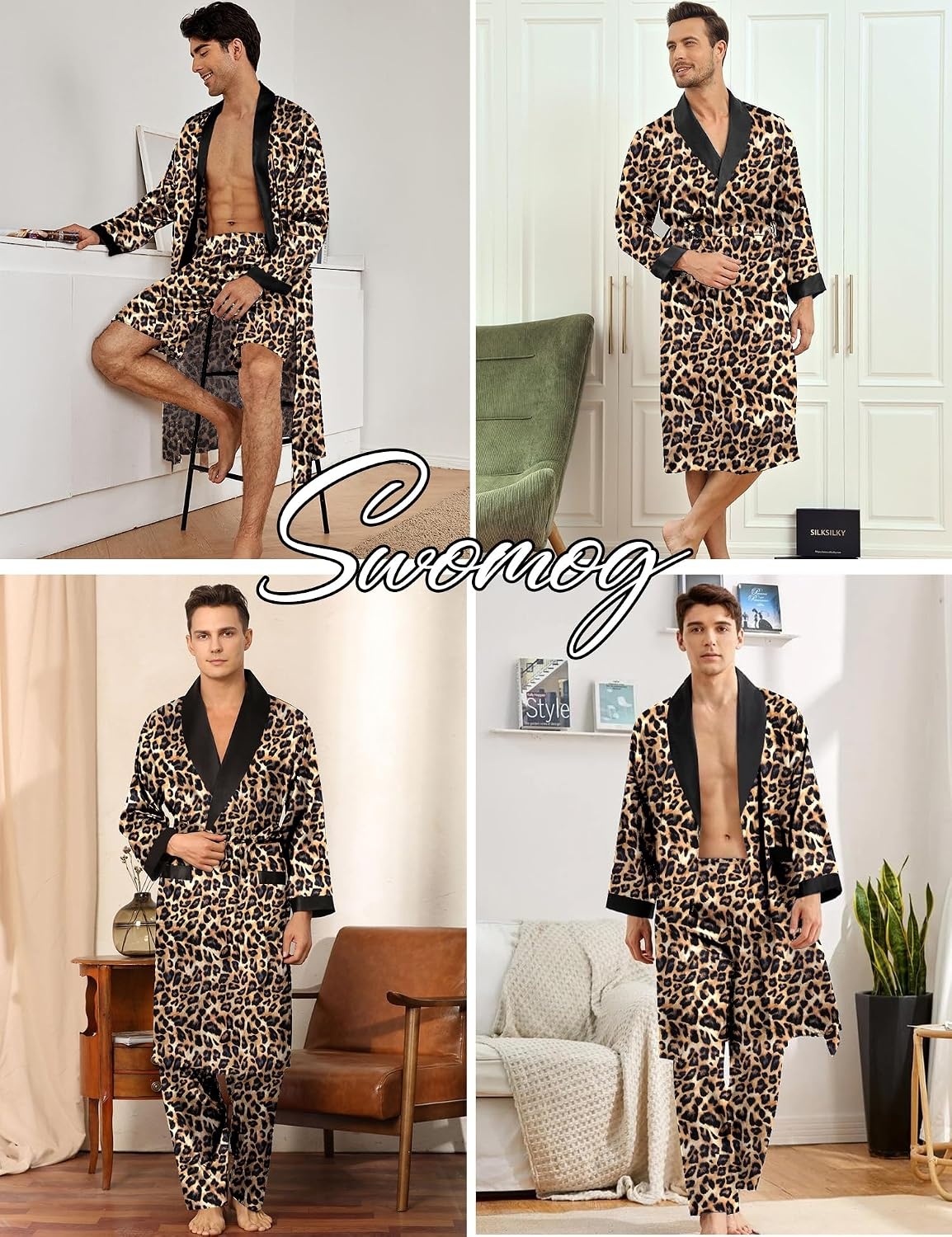 image:imageSWOMOG Mens 3 Pcs Robe Silk Satin Kimono Bathrobe with ShortsampPants Set Lightweight Soft SleepwearLeopard