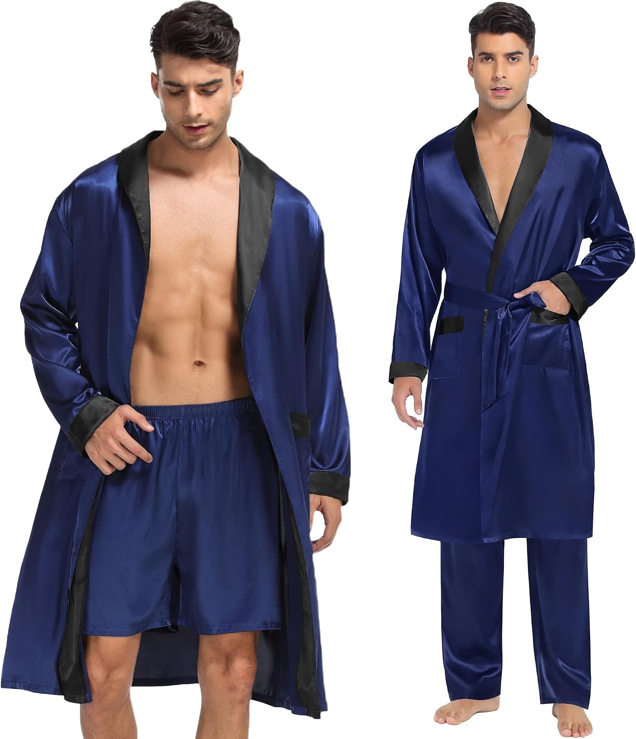 image:imageSWOMOG Mens 3 Pcs Robe Silk Satin Kimono Bathrobe with ShortsampPants Set Lightweight Soft SleepwearNavy Blue