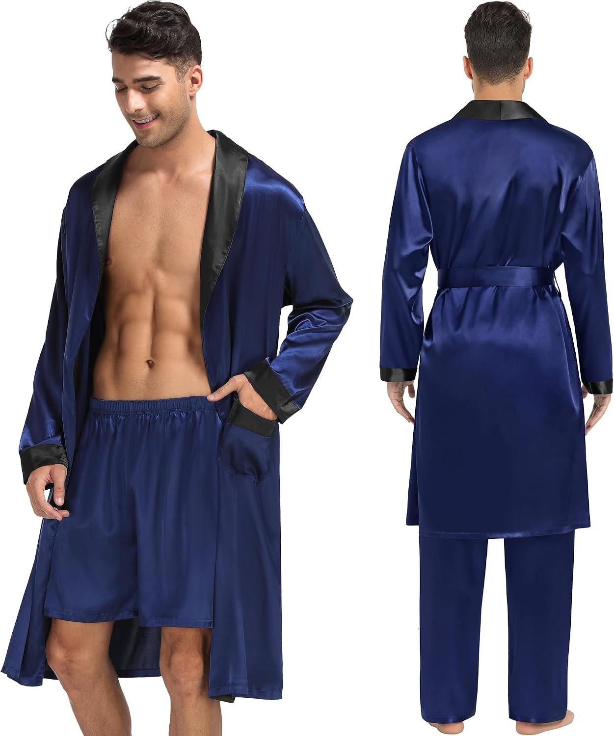 image:imageSWOMOG Mens 3 Pcs Robe Silk Satin Kimono Bathrobe with ShortsampPants Set Lightweight Soft SleepwearNavy Blue