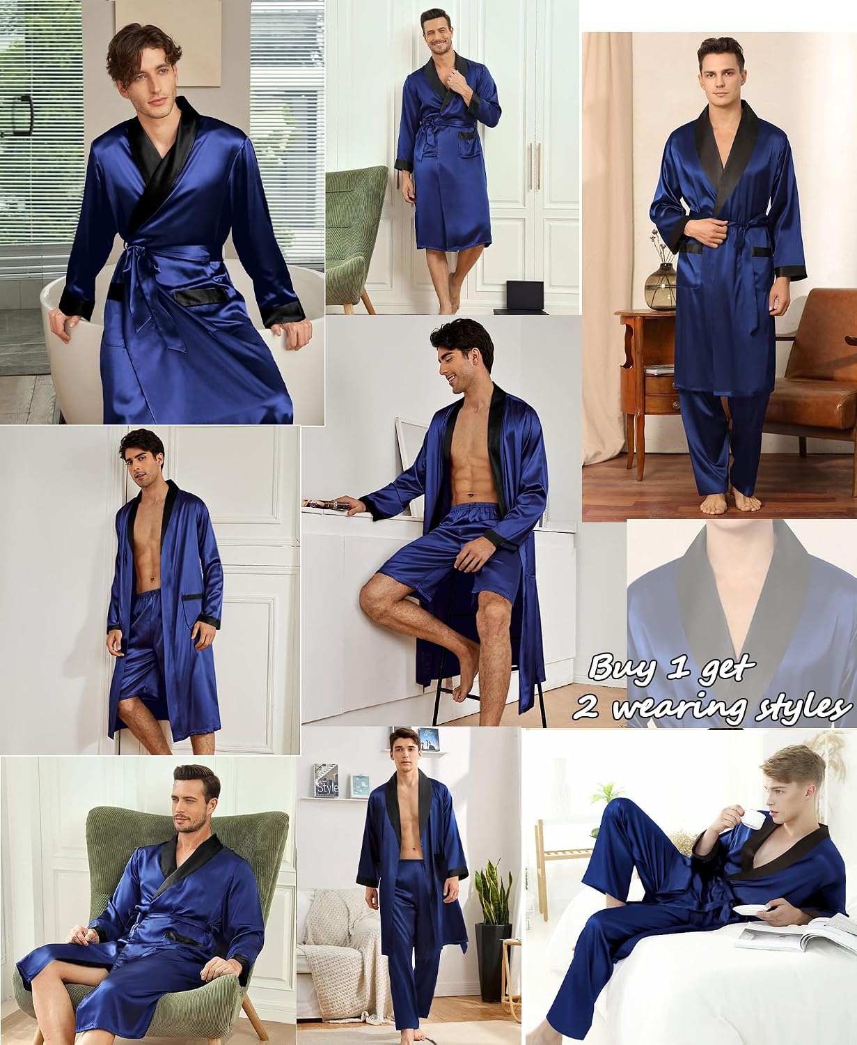 image:imageSWOMOG Mens 3 Pcs Robe Silk Satin Kimono Bathrobe with ShortsampPants Set Lightweight Soft SleepwearNavy Blue