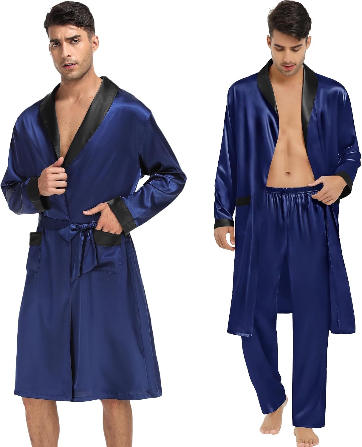 image:imageSWOMOG Mens 3 Pcs Robe Silk Satin Kimono Bathrobe with ShortsampPants Set Lightweight Soft SleepwearNavy Blue