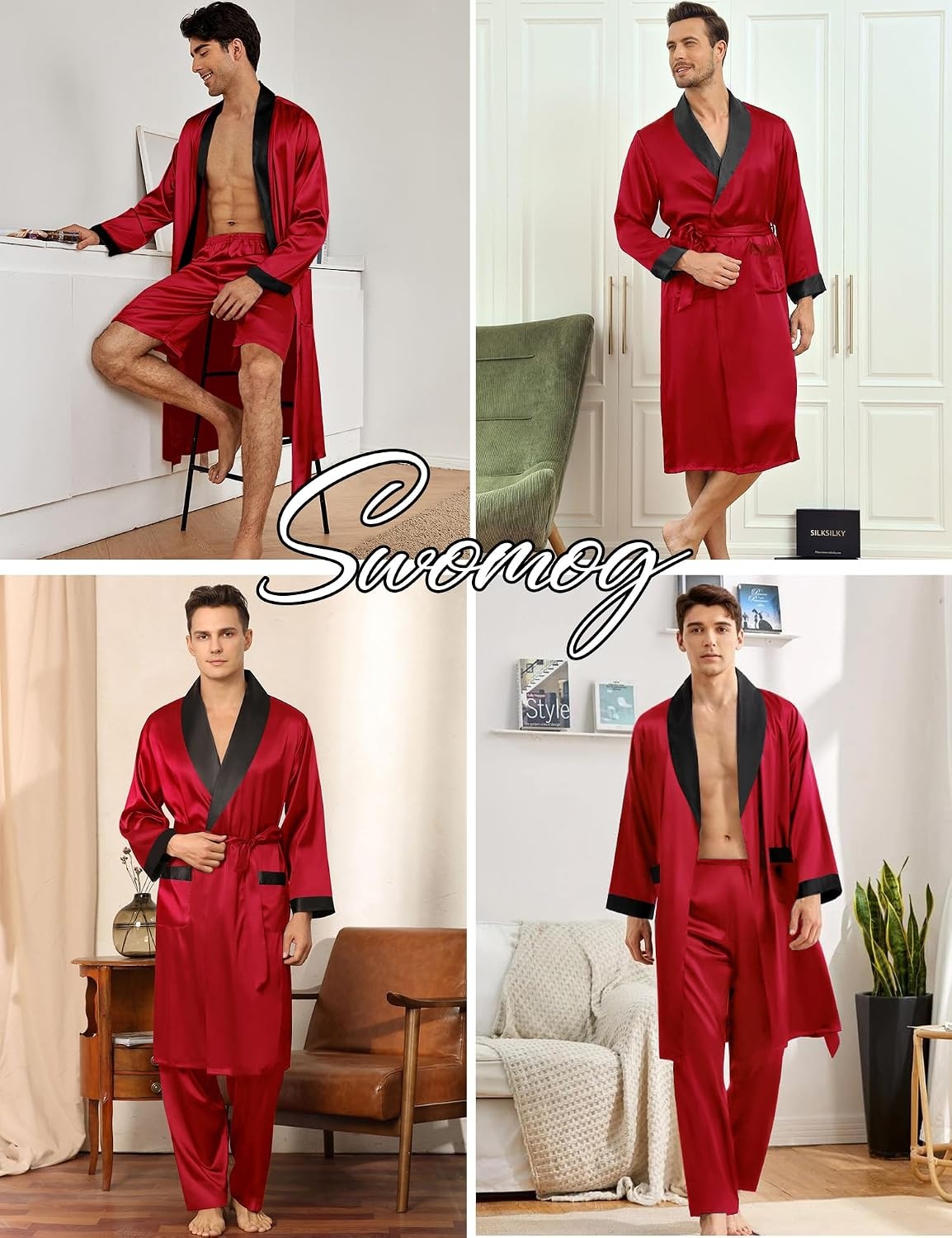 image:imageSWOMOG Mens 3 Pcs Robe Silk Satin Kimono Bathrobe with ShortsampPants Set Lightweight Soft SleepwearRed