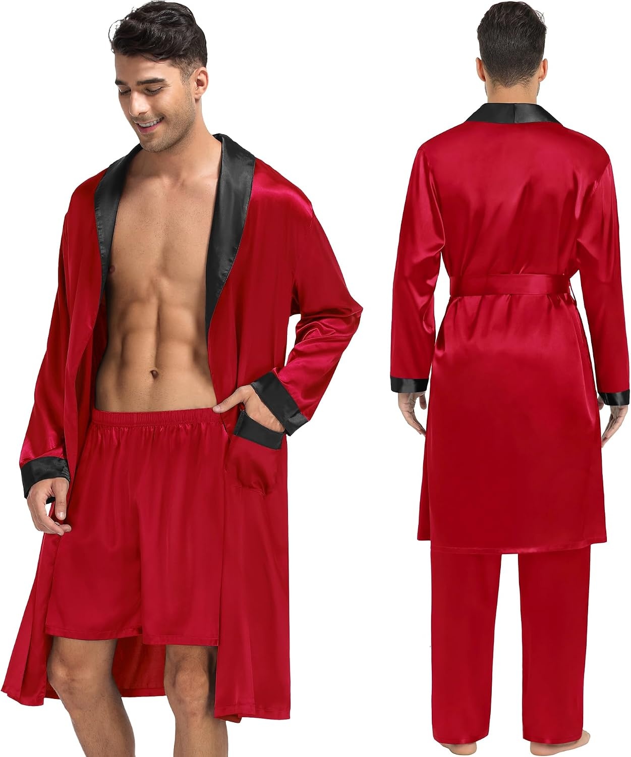 image:imageSWOMOG Mens 3 Pcs Robe Silk Satin Kimono Bathrobe with ShortsampPants Set Lightweight Soft SleepwearRed