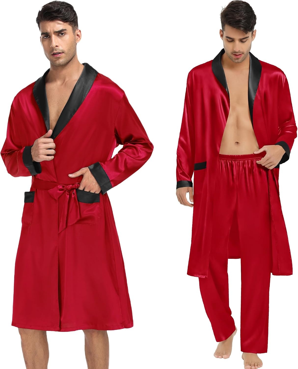 image:imageSWOMOG Mens 3 Pcs Robe Silk Satin Kimono Bathrobe with ShortsampPants Set Lightweight Soft SleepwearRed