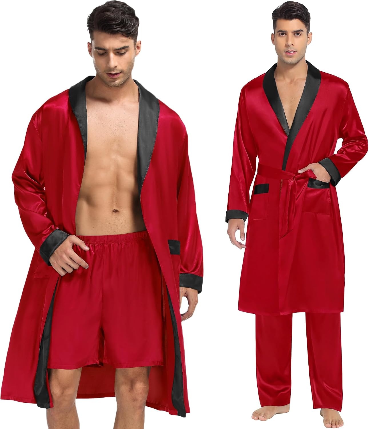 image:imageSWOMOG Mens 3 Pcs Robe Silk Satin Kimono Bathrobe with ShortsampPants Set Lightweight Soft SleepwearRed
