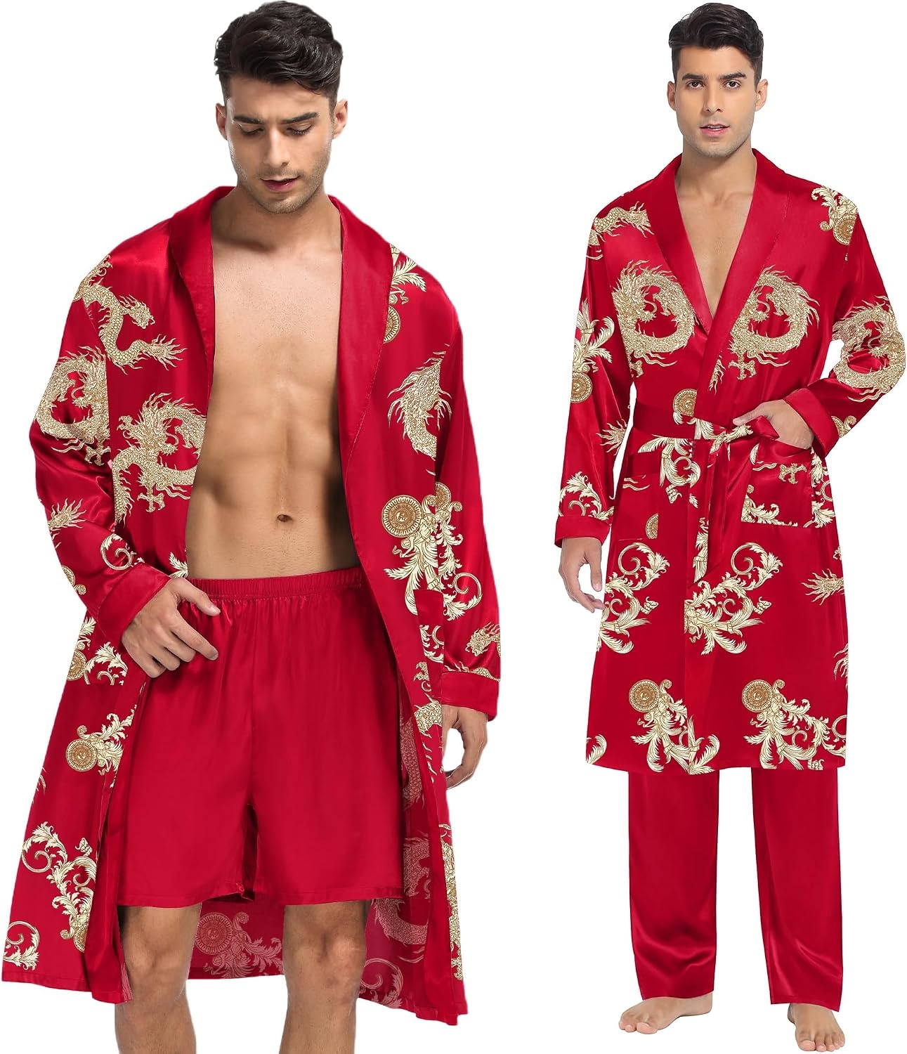 image:imageSWOMOG Mens 3 Pcs Robe Silk Satin Kimono Bathrobe with ShortsampPants Set Lightweight Soft SleepwearRed Dragon