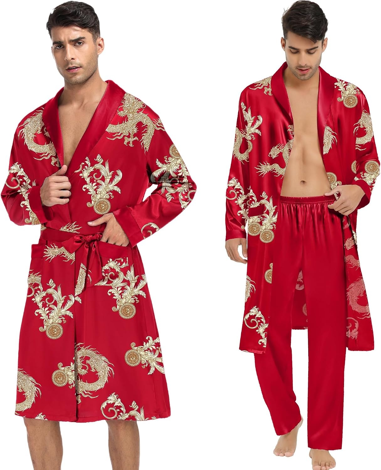 image:imageSWOMOG Mens 3 Pcs Robe Silk Satin Kimono Bathrobe with ShortsampPants Set Lightweight Soft SleepwearRed Dragon