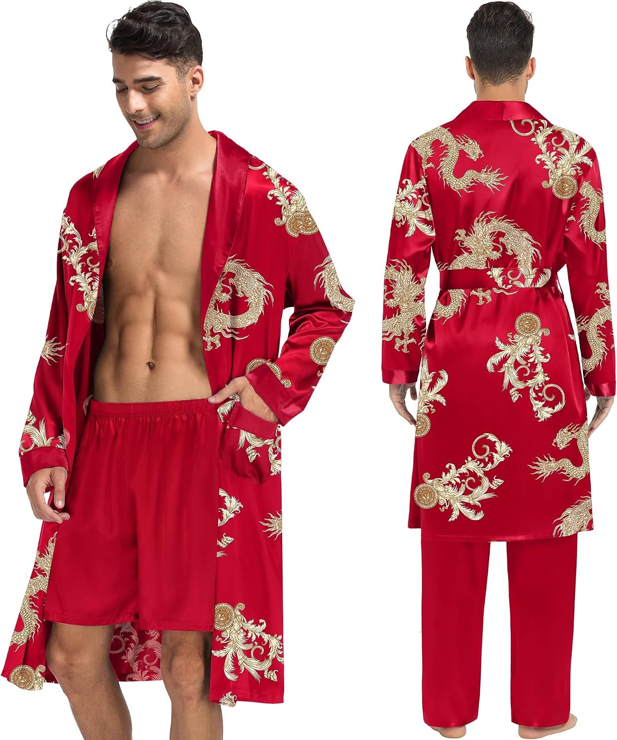 image:imageSWOMOG Mens 3 Pcs Robe Silk Satin Kimono Bathrobe with ShortsampPants Set Lightweight Soft SleepwearRed Dragon