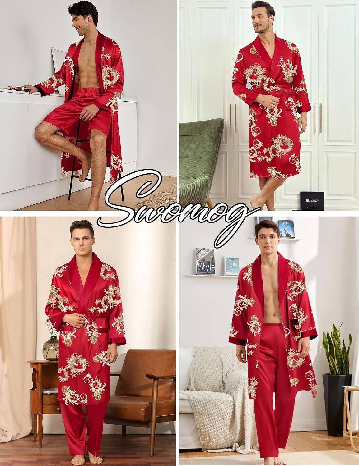 image:imageSWOMOG Mens 3 Pcs Robe Silk Satin Kimono Bathrobe with ShortsampPants Set Lightweight Soft SleepwearRed Dragon