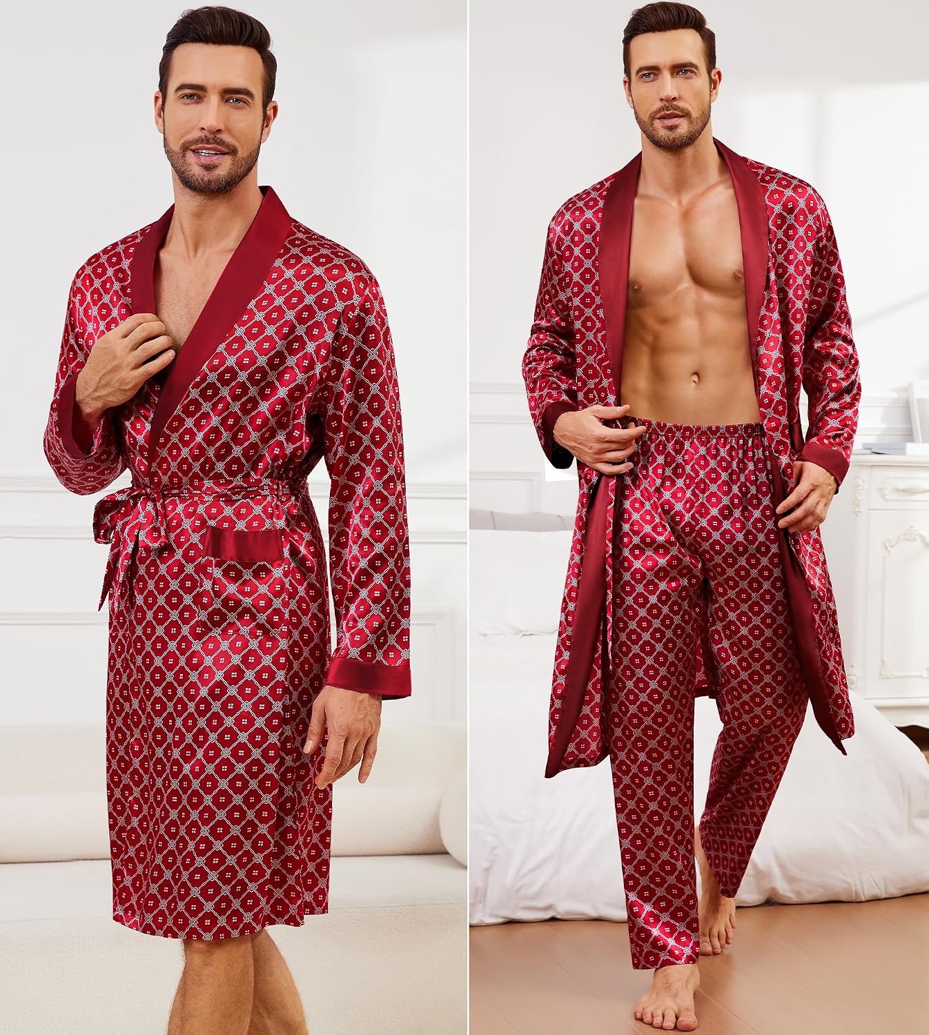 image:imageSWOMOG Mens 3 Pcs Robe Silk Satin Kimono Bathrobe with ShortsampPants Set Lightweight Soft SleepwearRed Floral