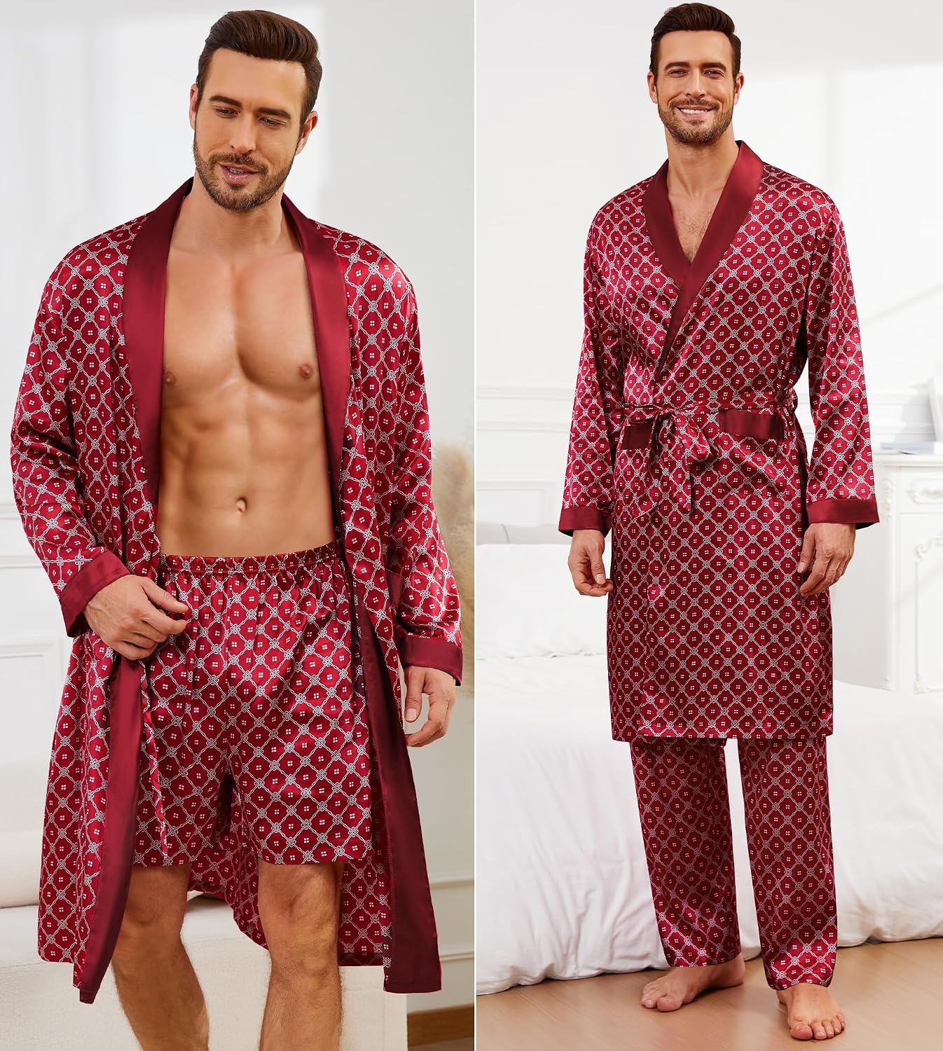 image:imageSWOMOG Mens 3 Pcs Robe Silk Satin Kimono Bathrobe with ShortsampPants Set Lightweight Soft SleepwearRed Floral