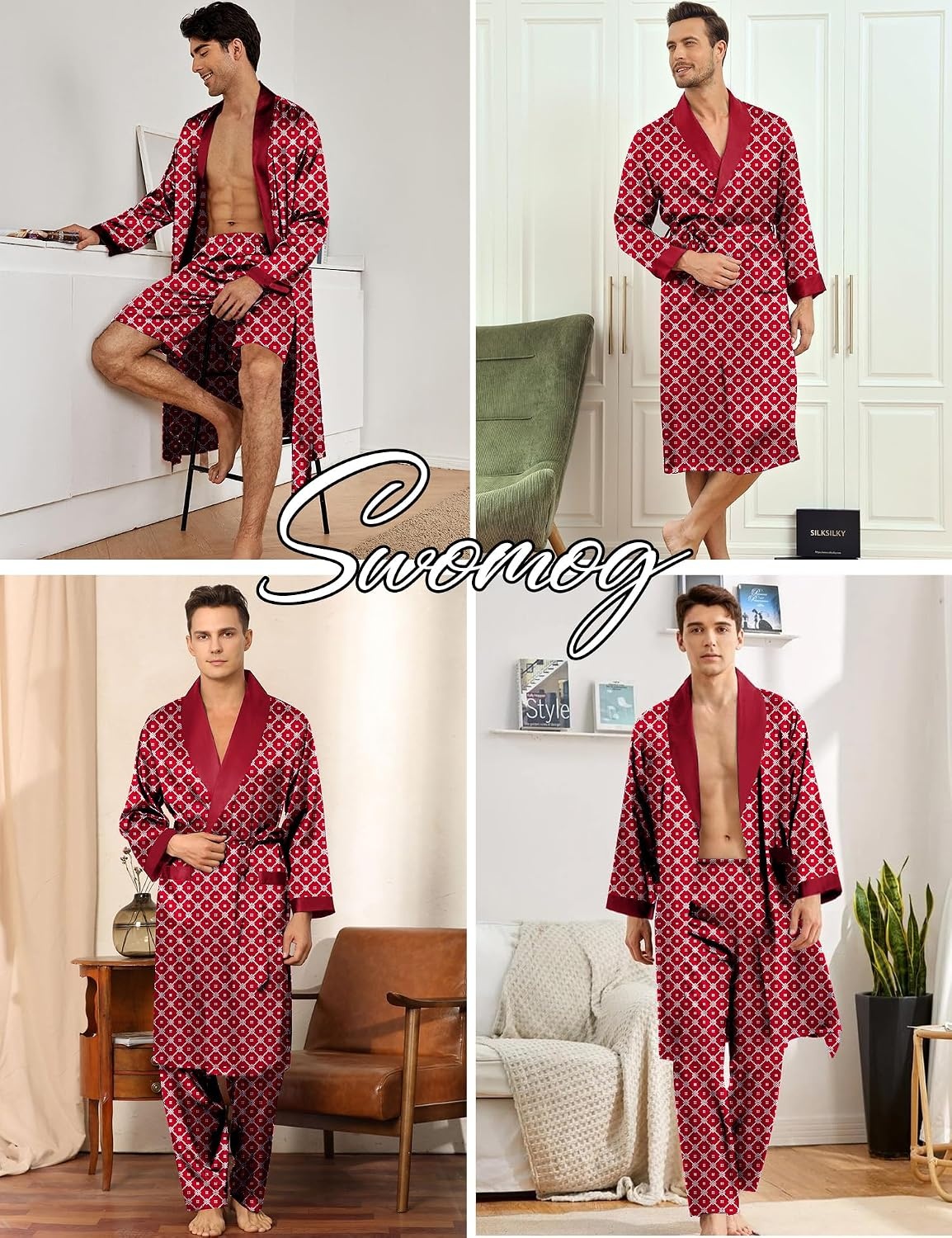 image:imageSWOMOG Mens 3 Pcs Robe Silk Satin Kimono Bathrobe with ShortsampPants Set Lightweight Soft SleepwearRed Floral