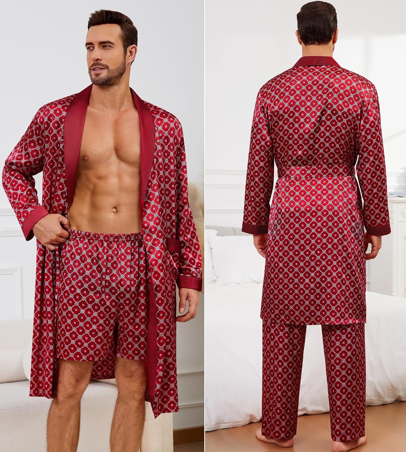 image:imageSWOMOG Mens 3 Pcs Robe Silk Satin Kimono Bathrobe with ShortsampPants Set Lightweight Soft SleepwearRed Floral