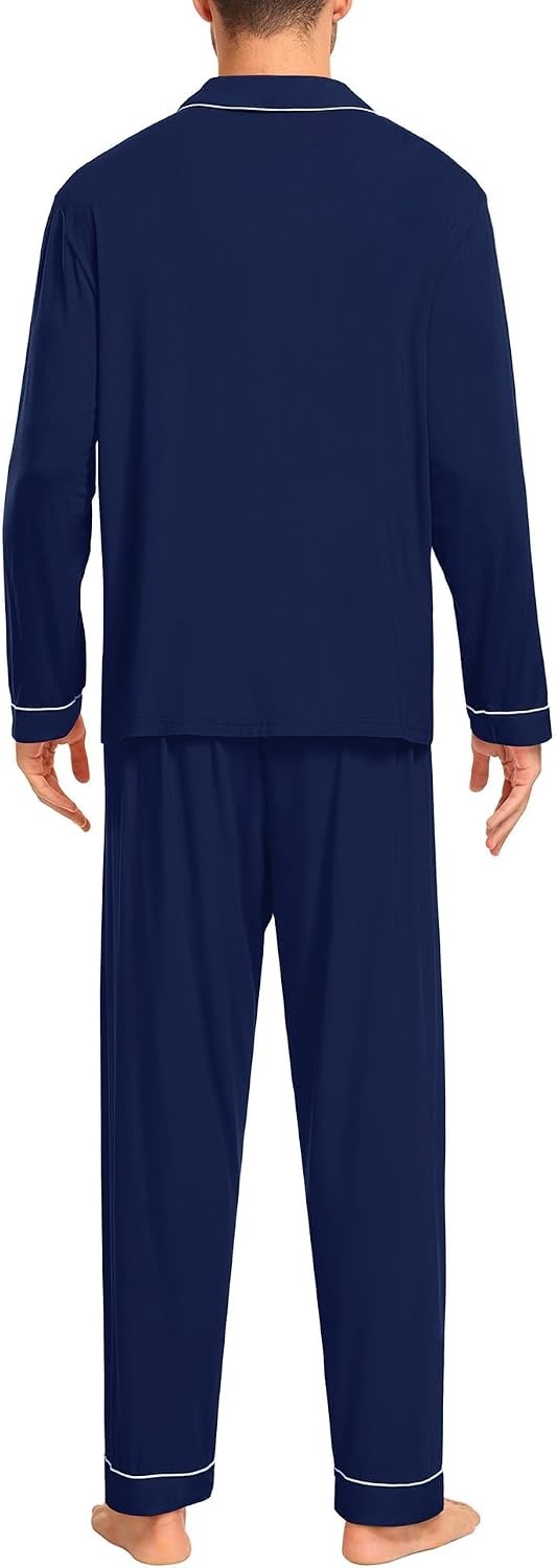 image:imageSWOMOG Mens Christmas Pjs Set with Pockets Long Sleeve Modal Sleepwear Button Down Pajamas Soft Loungewear 2 Pcs Comfy Pj Set Navy Blue