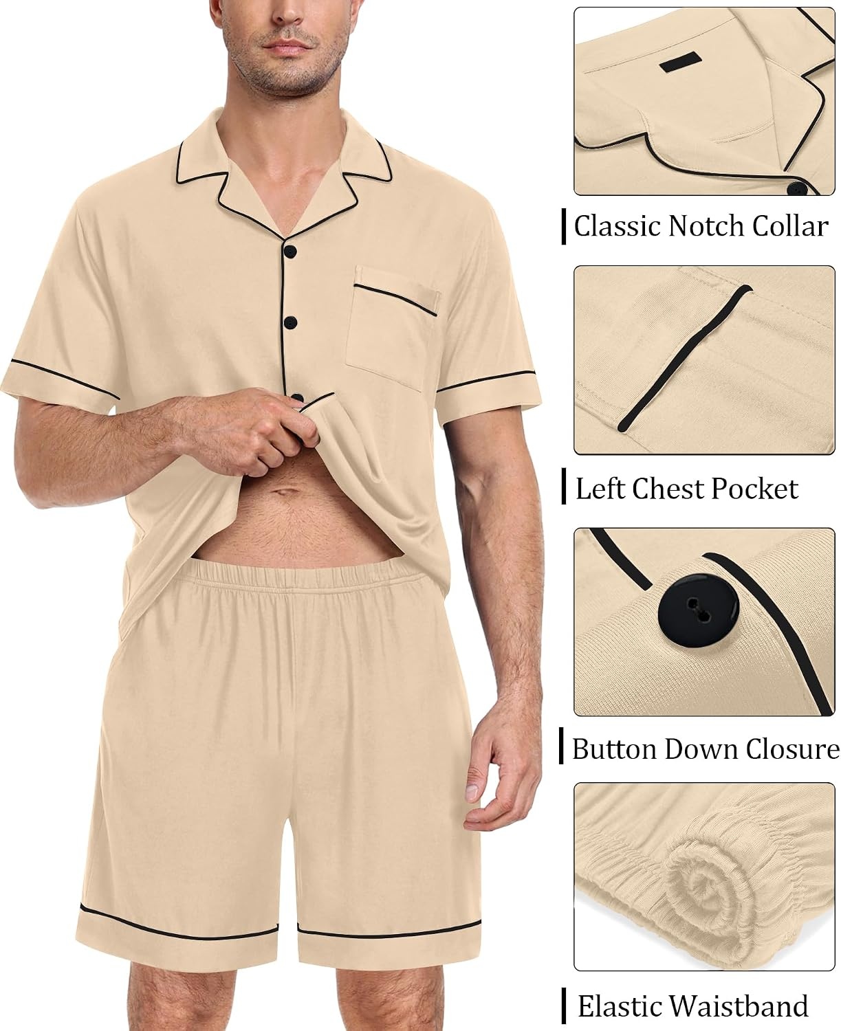 image:imageSWOMOG Mens Pajama Set Short Sleeve 2 PCS Sleepwear Button Down Soft Loungewear Modal Set Pj Set with Pockets S3XLKhaki