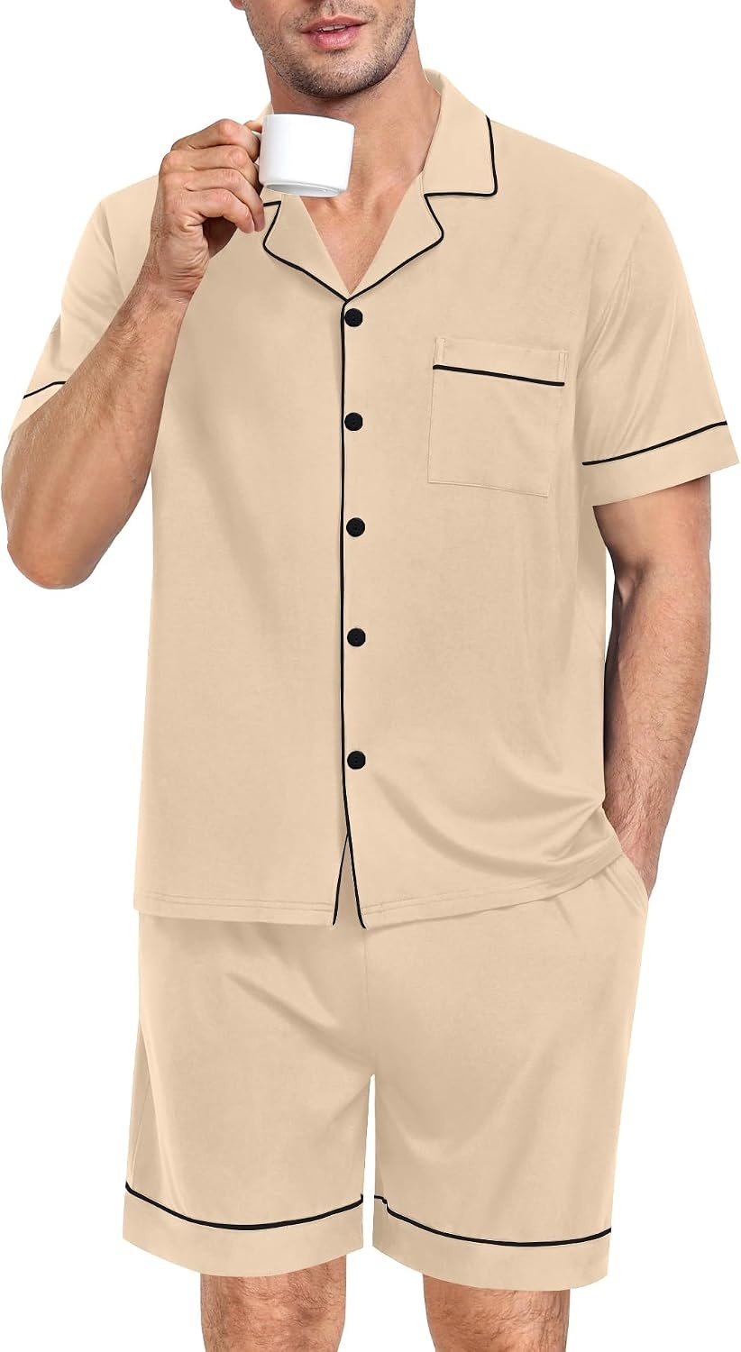 image:imageSWOMOG Mens Pajama Set Short Sleeve 2 PCS Sleepwear Button Down Soft Loungewear Modal Set Pj Set with Pockets S3XLKhaki