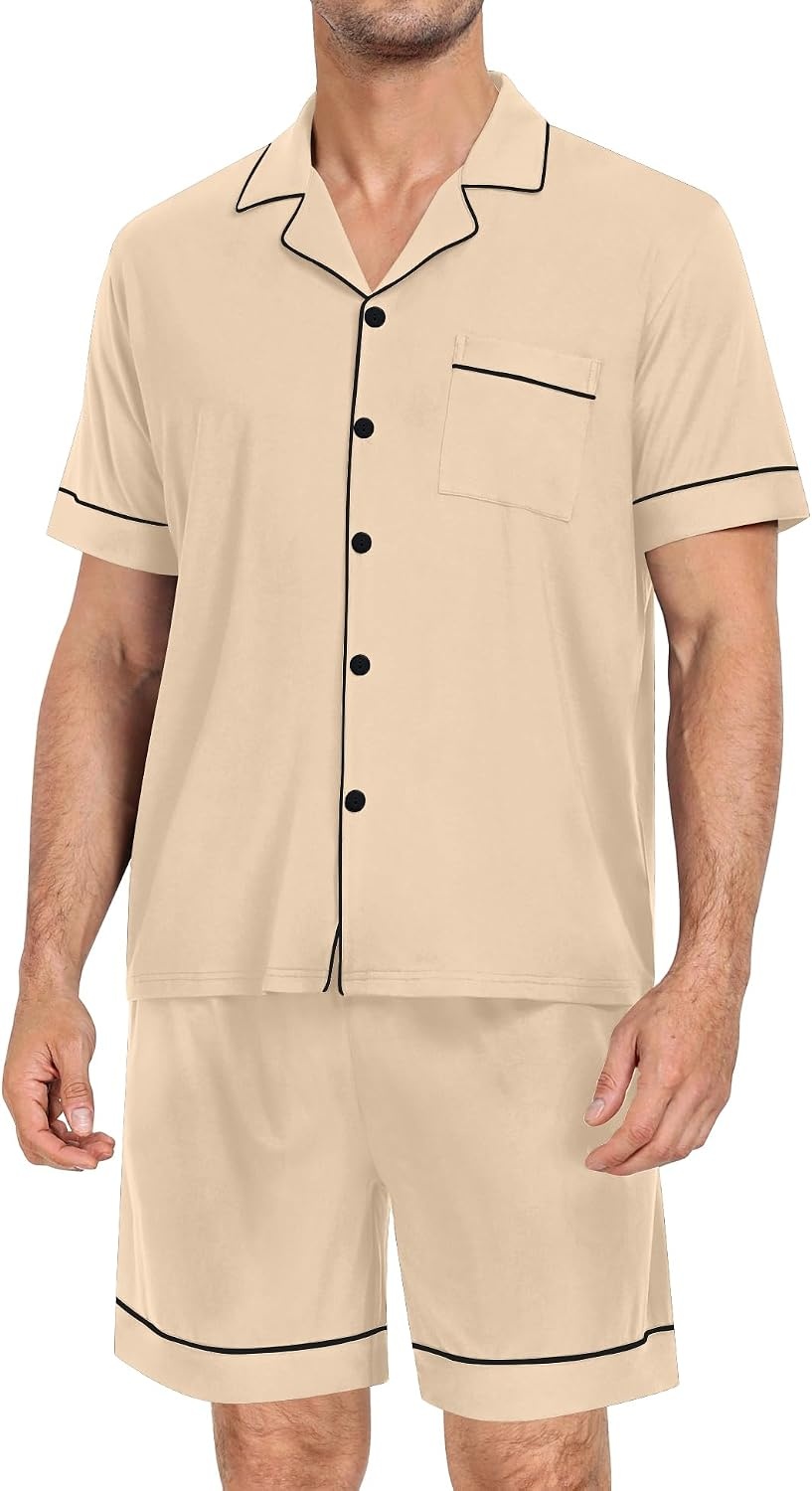 image:imageSWOMOG Mens Pajama Set Short Sleeve 2 PCS Sleepwear Button Down Soft Loungewear Modal Set Pj Set with Pockets S3XLKhaki