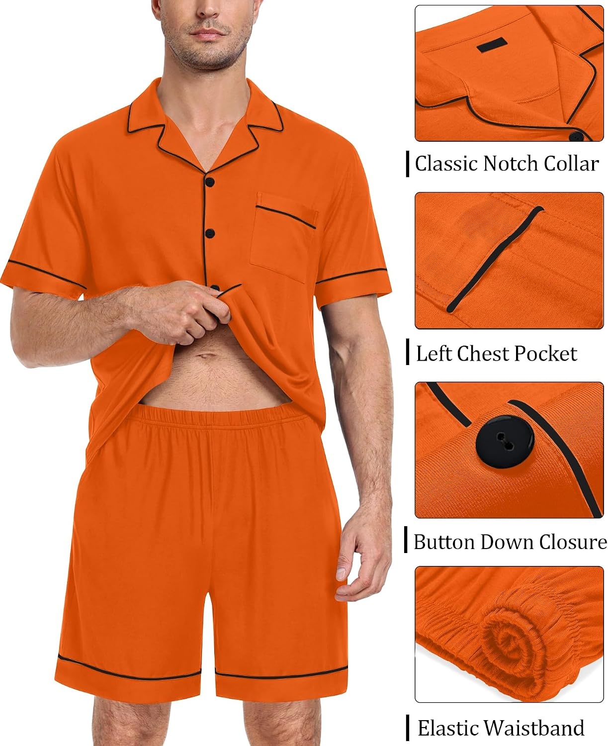 image:imageSWOMOG Mens Pajama Set Short Sleeve 2 PCS Sleepwear Button Down Soft Loungewear Modal Set Pj Set with Pockets S3XLOrange