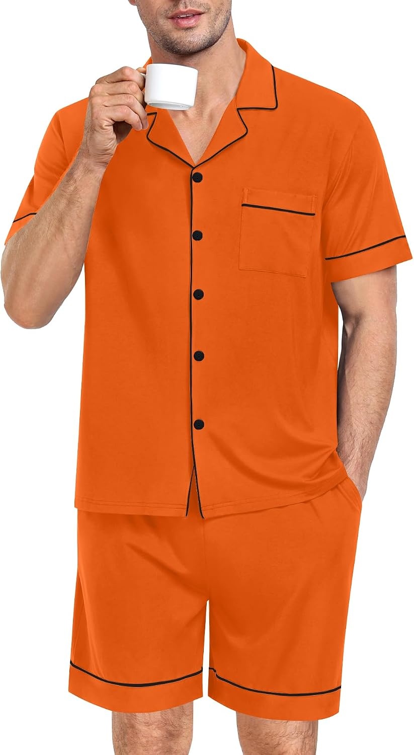 image:imageSWOMOG Mens Pajama Set Short Sleeve 2 PCS Sleepwear Button Down Soft Loungewear Modal Set Pj Set with Pockets S3XLOrange