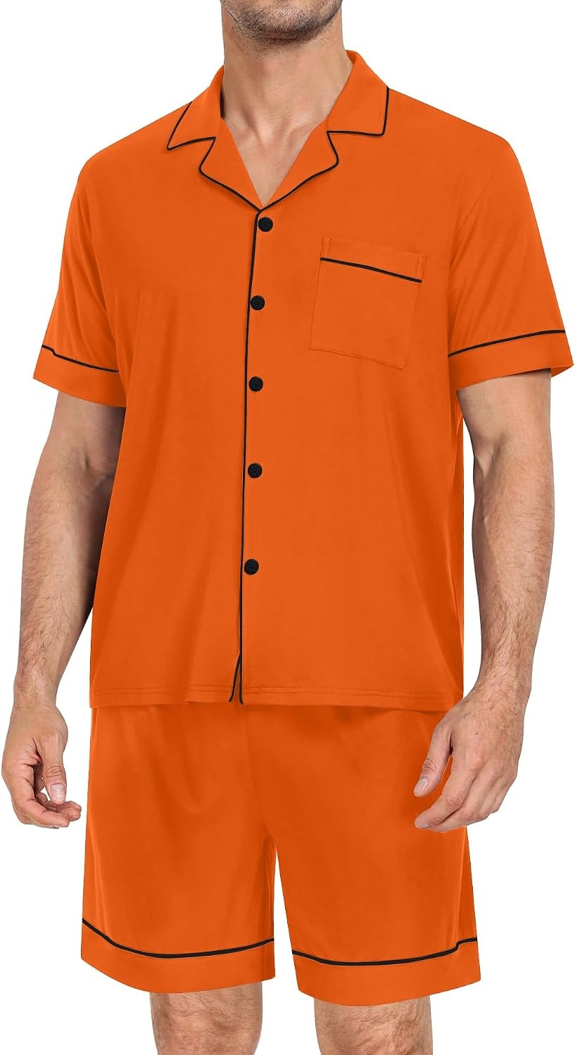 image:imageSWOMOG Mens Pajama Set Short Sleeve 2 PCS Sleepwear Button Down Soft Loungewear Modal Set Pj Set with Pockets S3XLOrange