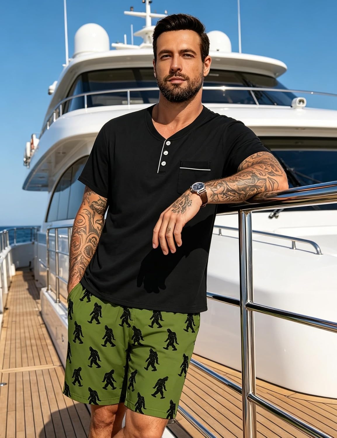 image:imageSWOMOG Mens Pajama Set Summer Pjs Sleepwear 2 Piece Loungewear Soft Short Sleeve Sleep Set With Pocket Comfy NightwearBlack Army Green